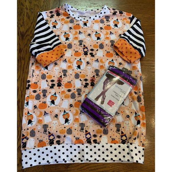 New!  Girl’s Medium 7/10 Halloween Shirt Dress & Striped Tights Adorable Bundle - Picture 1 of 9